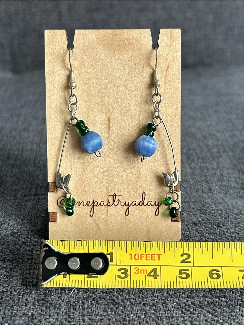 Handcrafted Safety Pin Earrings with Colorful Beads, Silver, Blue, Green - Picture 9 of 15